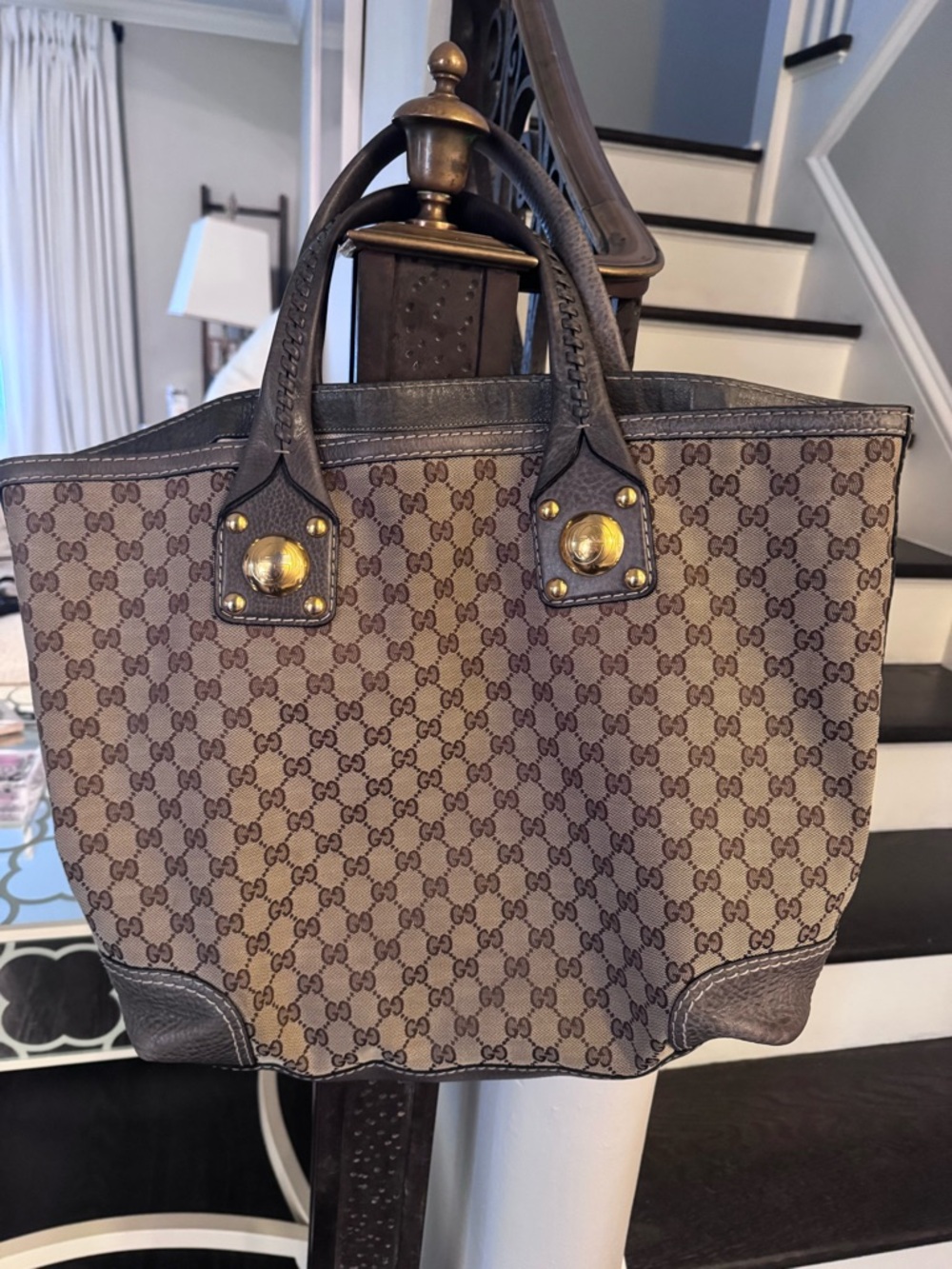Gucci gray Sunset  Canvas Tote with Gray Leather Trim